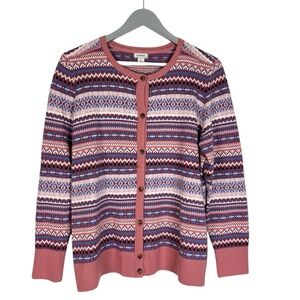 L.L. Bean Fair Isle Striped Cashmere Blend Cardigan Sweater Size Large rose pink
